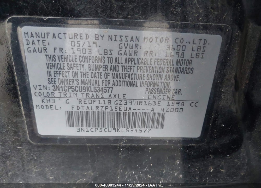 2019 NISSAN KICKS S VIN: 3N1CP5CU9KL534577