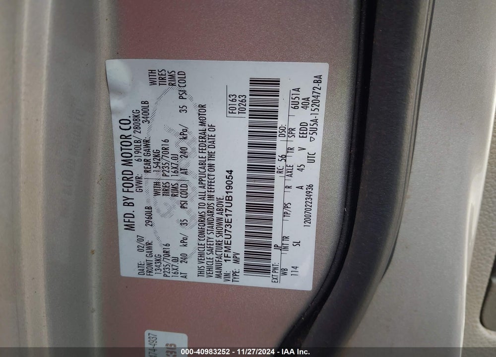 2007 FORD EXPLORER XLT VIN: 1FMEU73E17UB19054