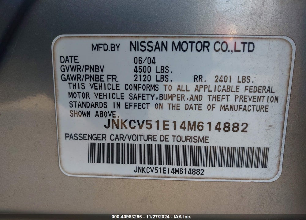 2004 INFINITI G35 VIN: JNKCV51E14M614882