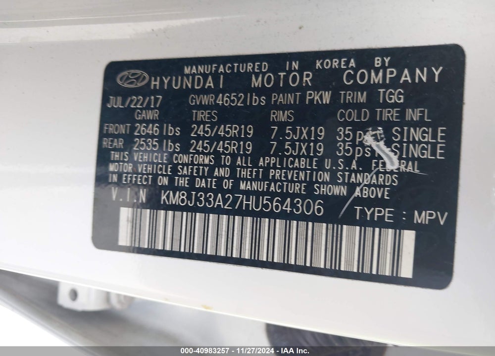 2017 HYUNDAI TUCSON SPORT VIN: KM8J33A27HU564306