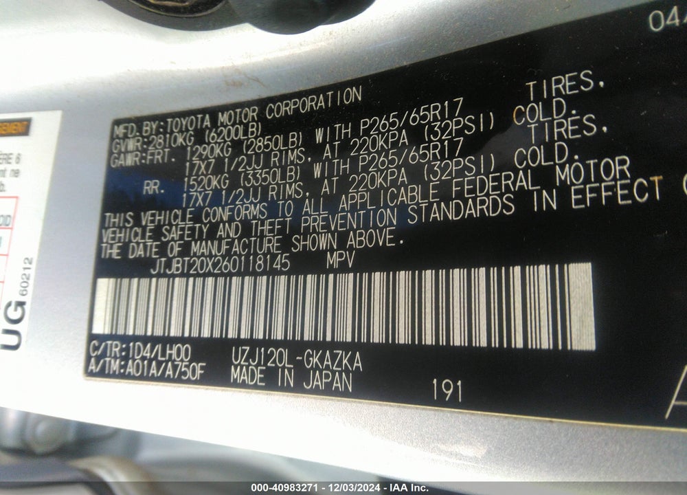 2006 LEXUS GX 470 VIN: JTJBT20X260118145