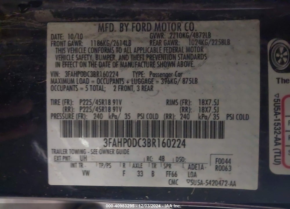2011 FORD FUSION SPORT VIN: 3FAHP0DC3BR160224