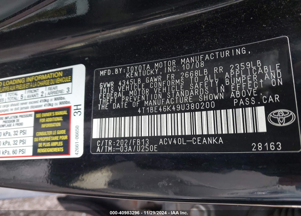 2009 TOYOTA CAMRY LE VIN: 4T1BE46K49U380200