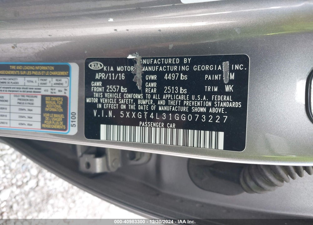2016 KIA OPTIMA LX VIN: 5XXGT4L31GG073227