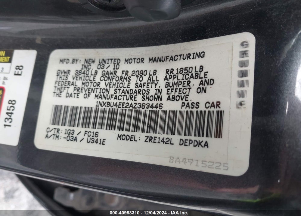 2010 TOYOTA COROLLA LE VIN: 1NXBU4EE2AZ363446
