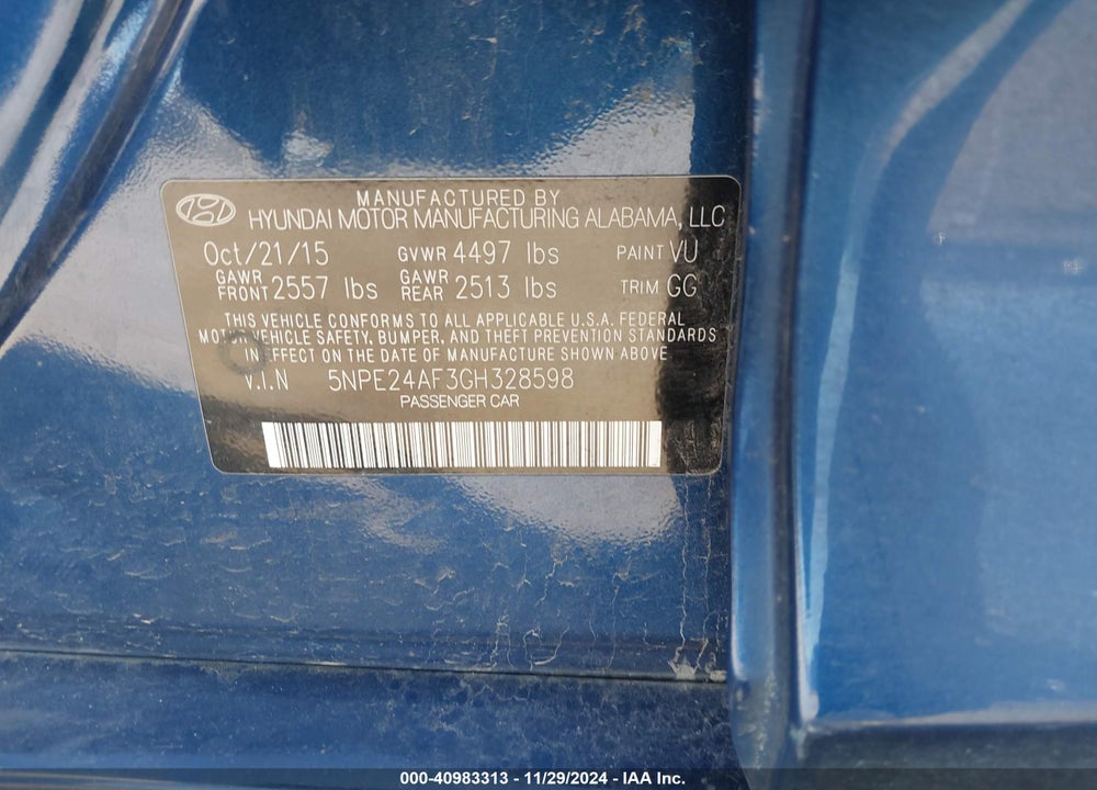 2016 HYUNDAI SONATA SE VIN: 5NPE24AF3GH328598
