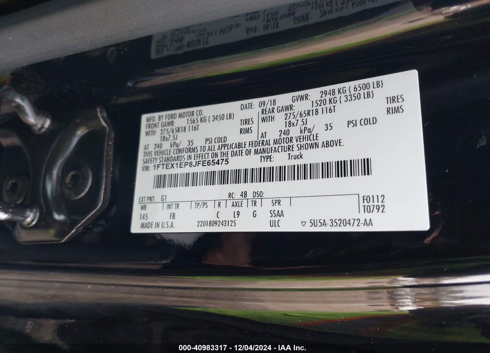 2018 FORD F-150 XLT VIN: 1FTEX1EP8JFE65475