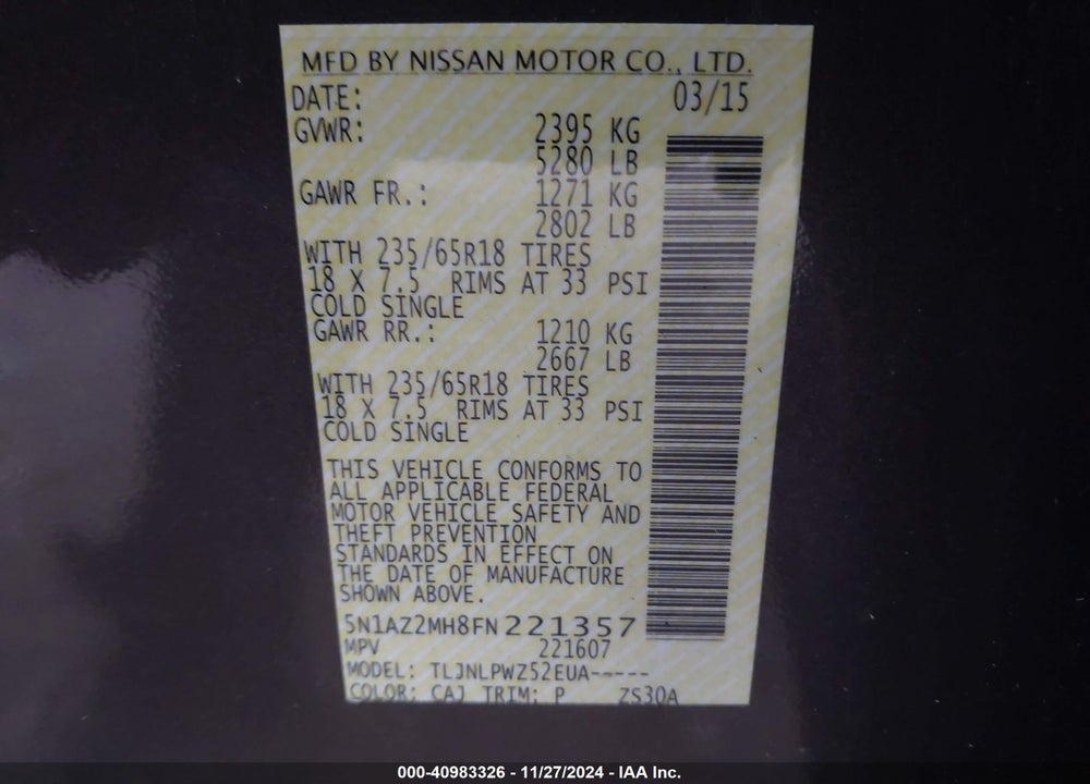 2015 NISSAN MURANO S VIN: 5N1AZ2MH8FN221357