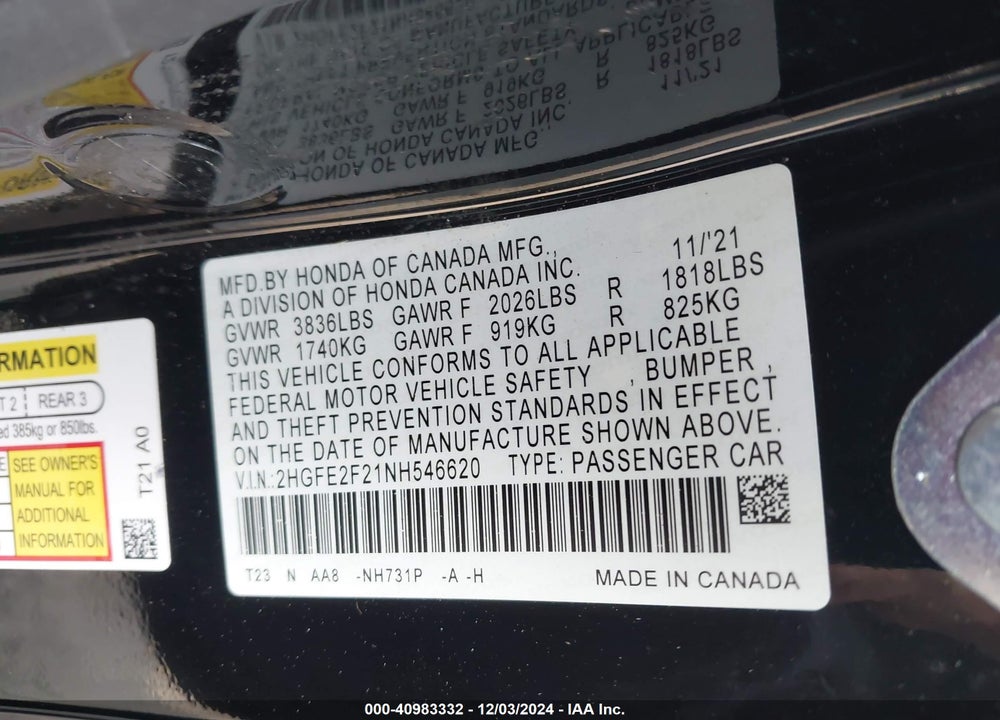 2022 HONDA CIVIC LX VIN: 2HGFE2F21NH546620
