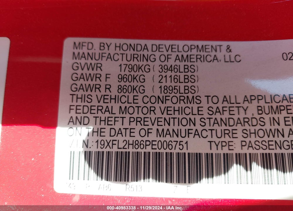 2023 HONDA CIVIC VIN: 19XFL2H86PE006751