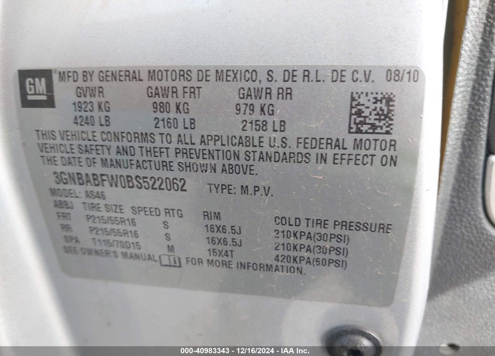 2011 CHEVROLET HHR LT VIN: 3GNBABFW0BS522062