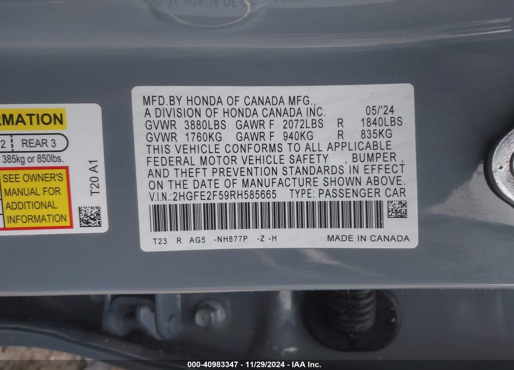 2024 HONDA CIVIC SPORT VIN: 2HGFE2F59RH585665