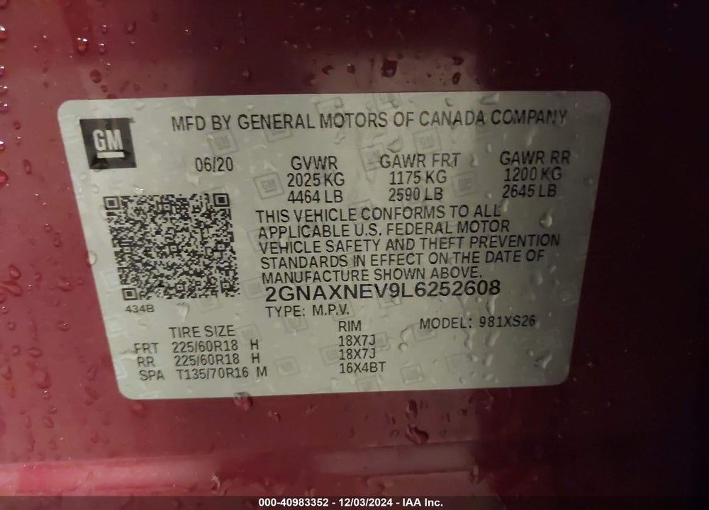 2020 CHEVROLET EQUINOX FWD PREMIER 1.5L TURBO VIN: 2GNAXNEV9L6252608