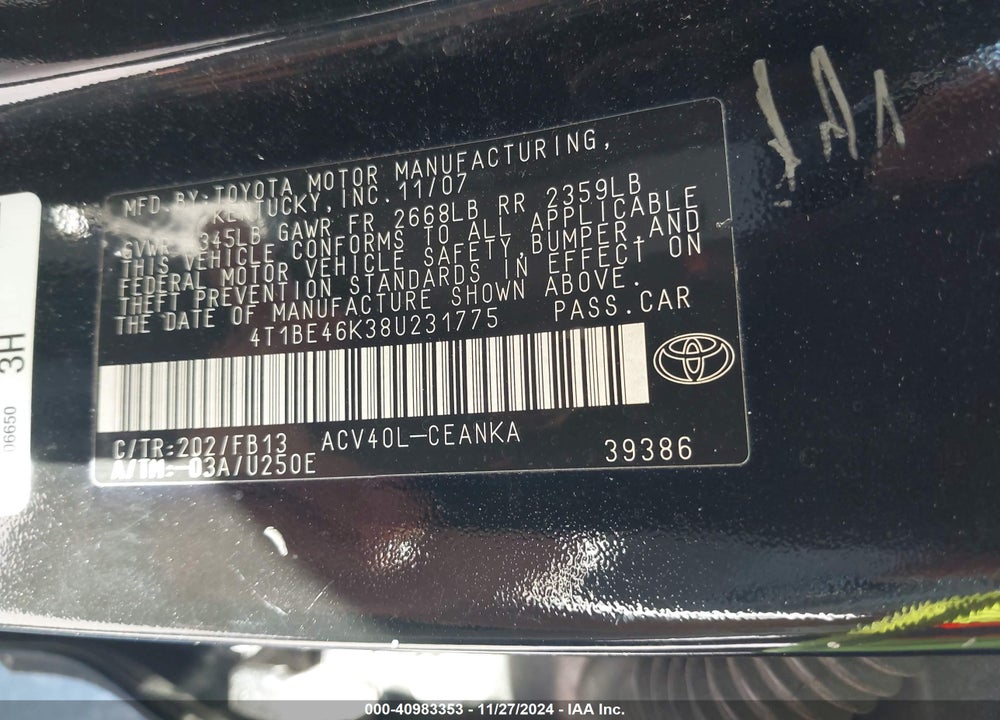 2008 TOYOTA CAMRY LE VIN: 4T1BE46K38U231775