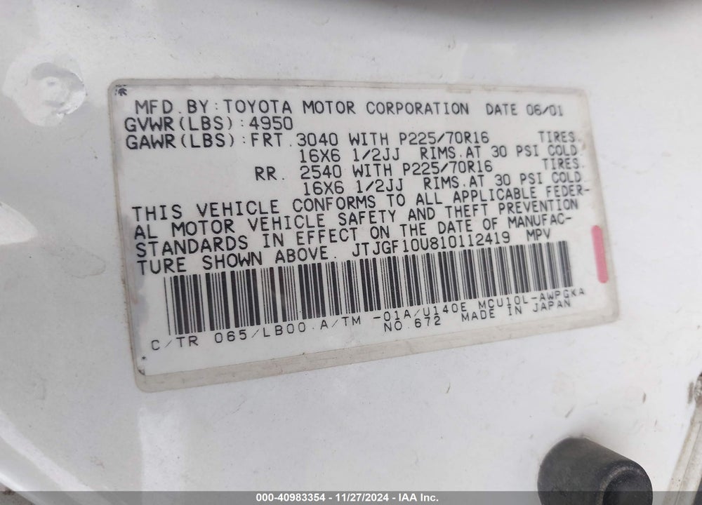 2001 LEXUS RX 300 VIN: JTJGF10U810112419