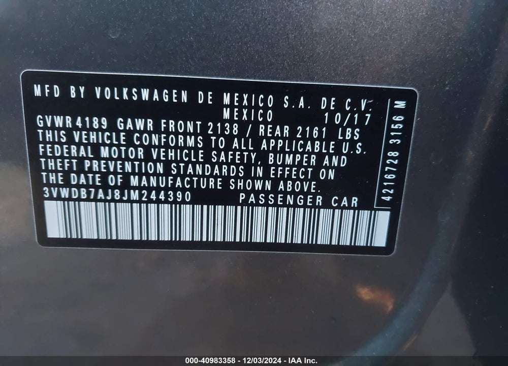 2018 VOLKSWAGEN JETTA 1.4T SE/1.4T WOLFSBURG EDITION VIN: 3VWDB7AJ8JM244390