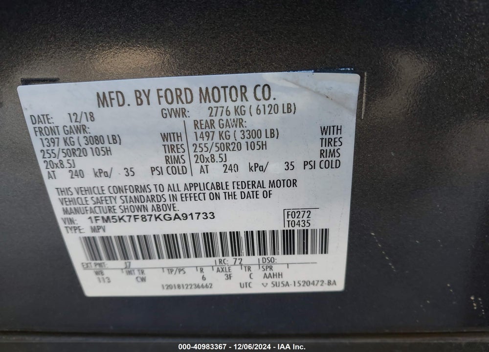 2019 FORD EXPLORER LIMITED VIN: 1FM5K7F87KGA91733