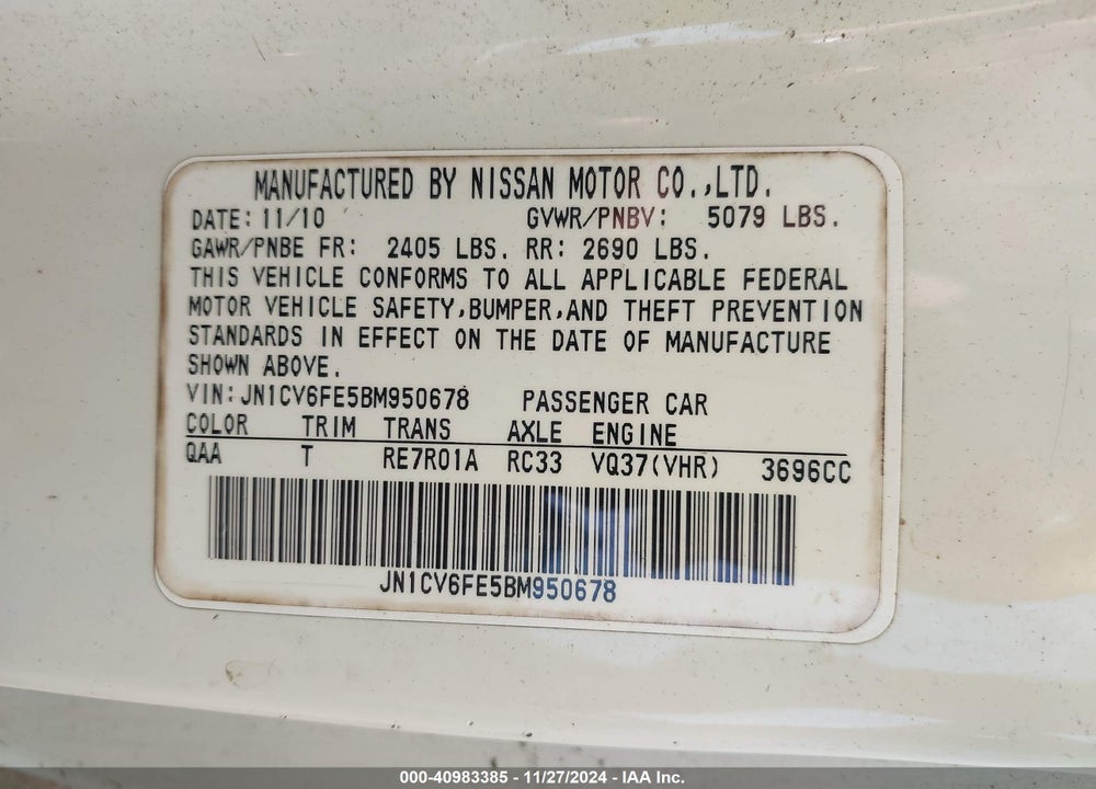 2011 INFINITI G37 VIN: JN1CV6FE5BM950678