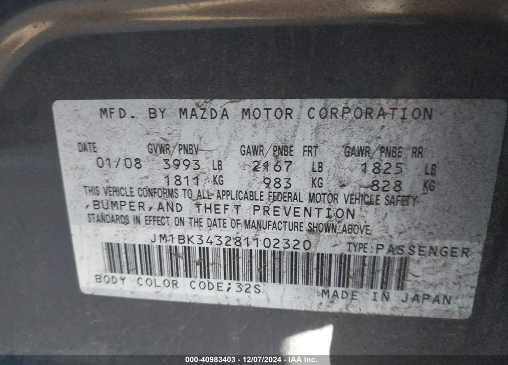 2008 MAZDA MAZDA3 VIN: JM1BK343281102320