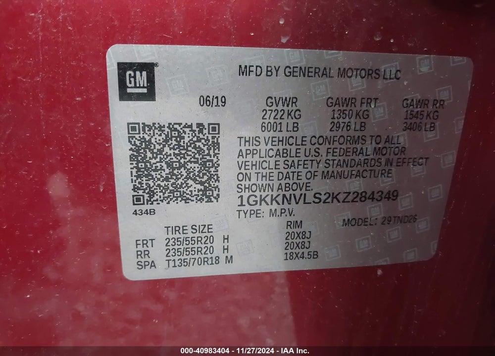 2019 GMC ACADIA SLT-1 VIN: 1GKKNVLS2KZ284349