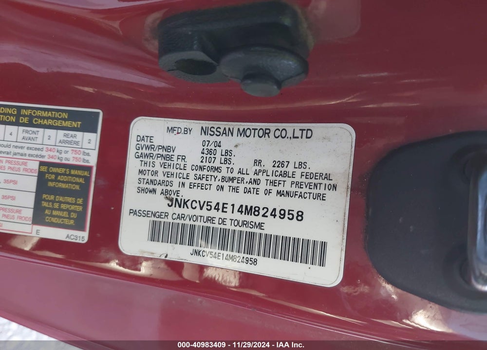 2004 INFINITI G35 VIN: JNKCV54E14M824958
