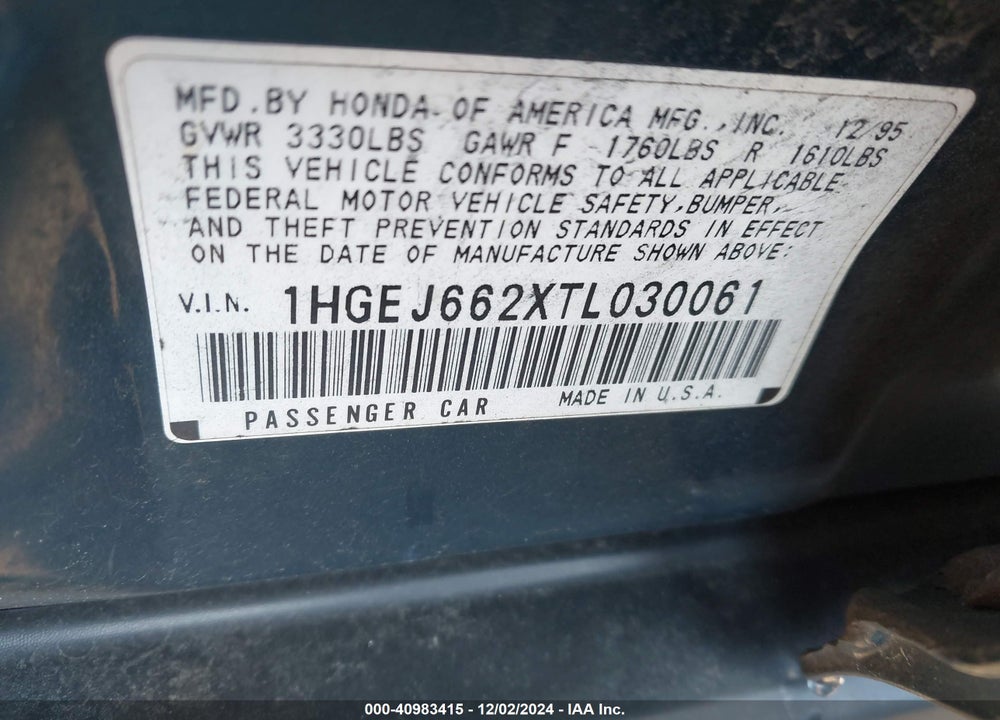 1996 HONDA CIVIC DX VIN: 1HGEJ662XTL030061