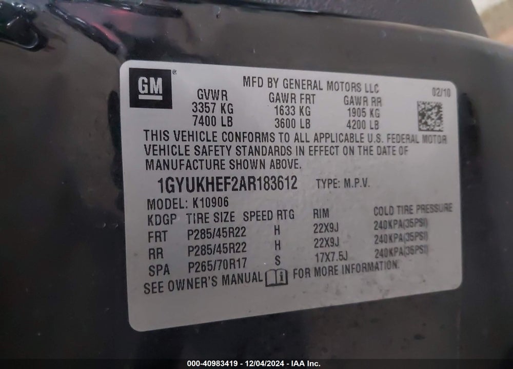2010 CADILLAC ESCALADE ESV LUXURY VIN: 1GYUKHEF2AR183612