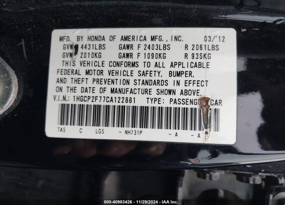 2012 HONDA ACCORD 2.4 EX VIN: 1HGCP2F77CA122881