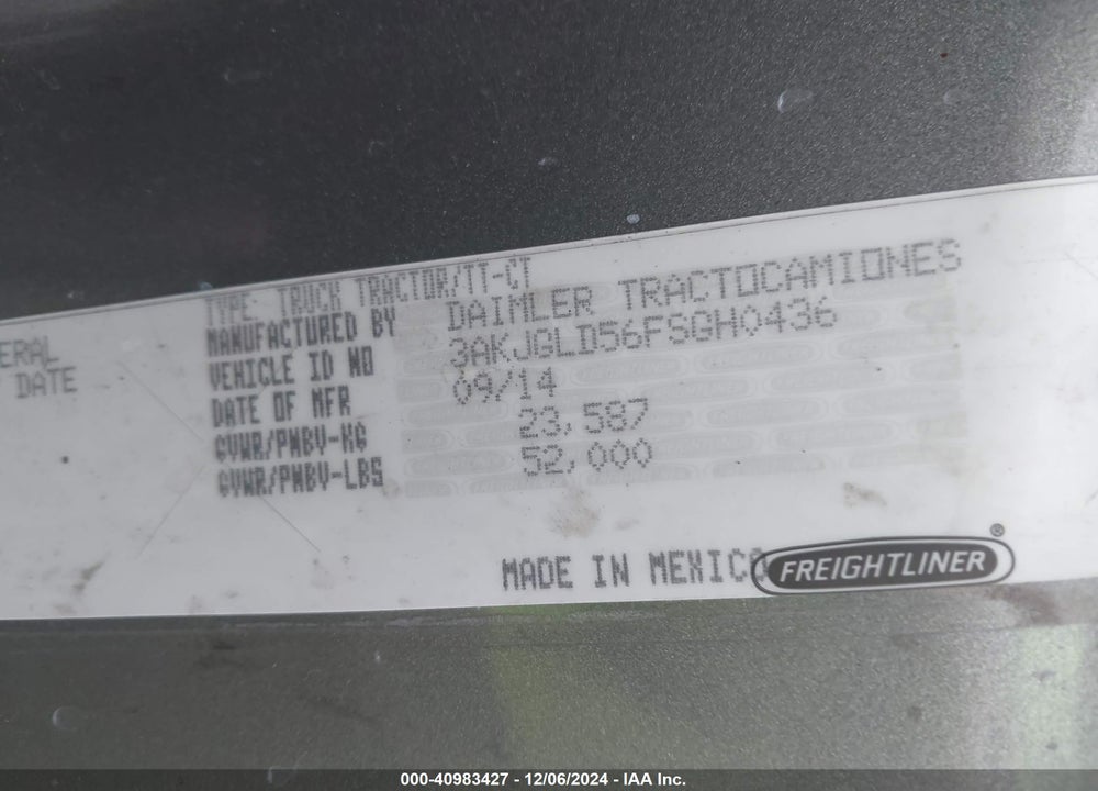 2015 FREIGHTLINER CASCADIA 125 VIN: 3AKJGLD56FSGH0436