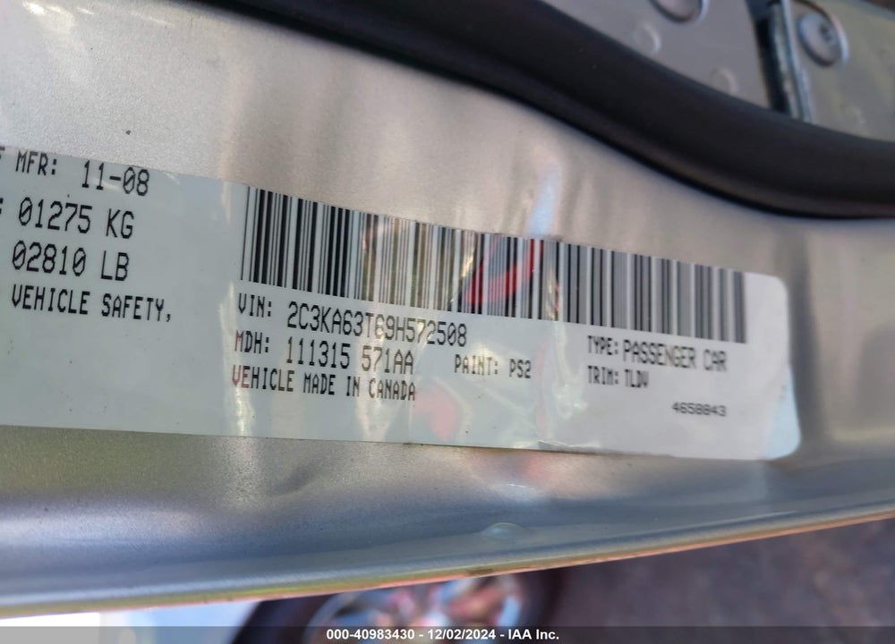2009 CHRYSLER 300 300C HEMI VIN: 2C3KA63T69H572508