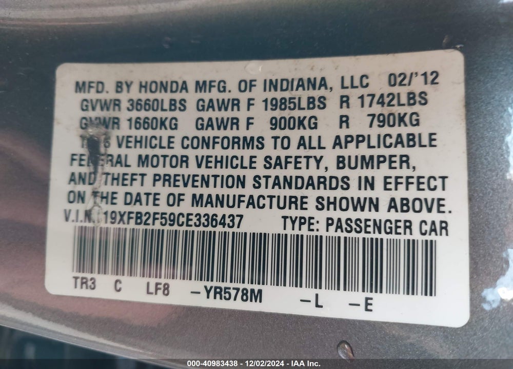 2012 HONDA CIVIC LX VIN: 19XFB2F59CE336437