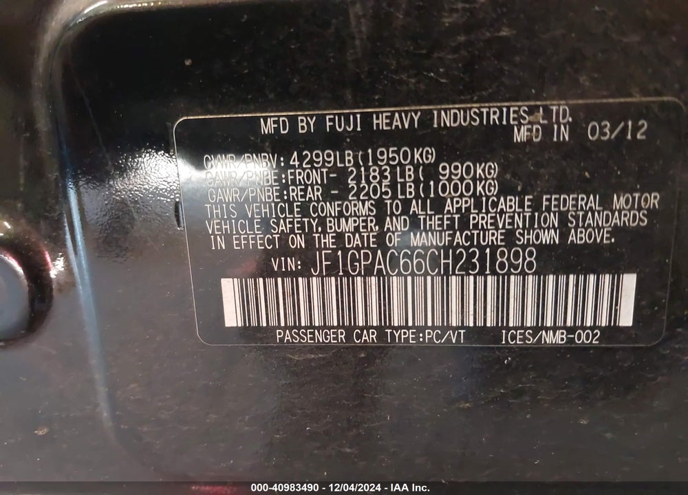 2012 SUBARU IMPREZA 2.0I PREMIUM VIN: JF1GPAC66CH231898