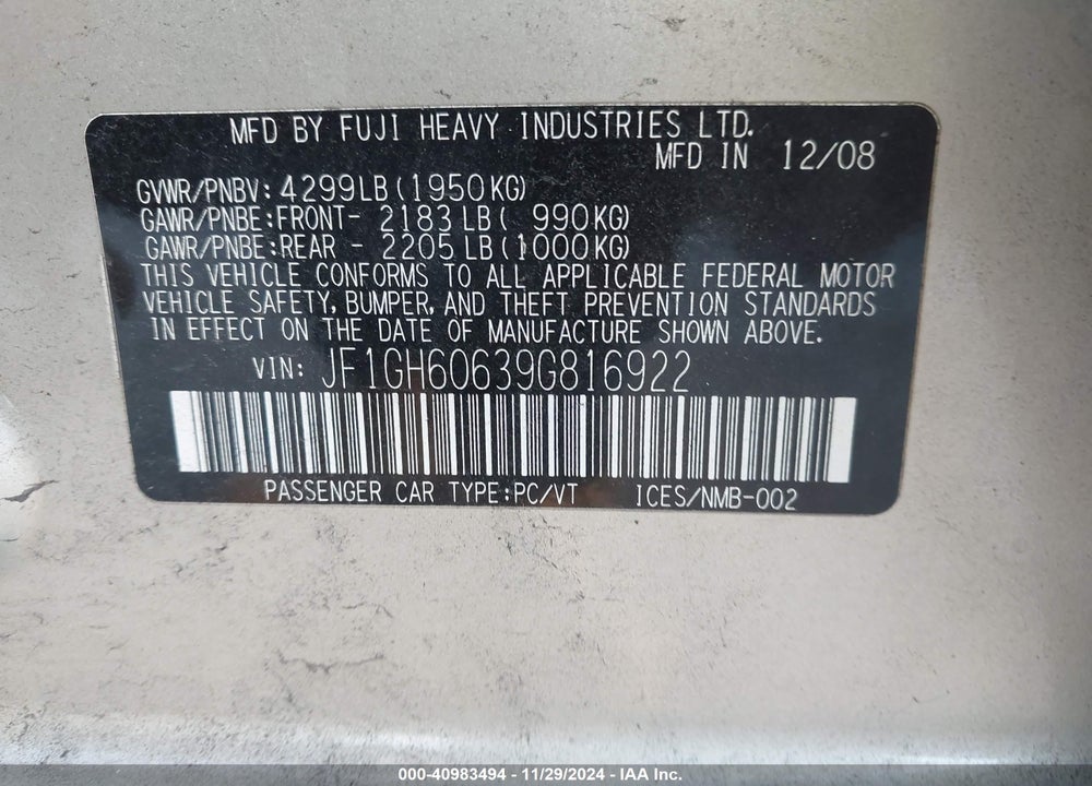 2009 SUBARU IMPREZA 2.5I VIN: JF1GH60639G816922