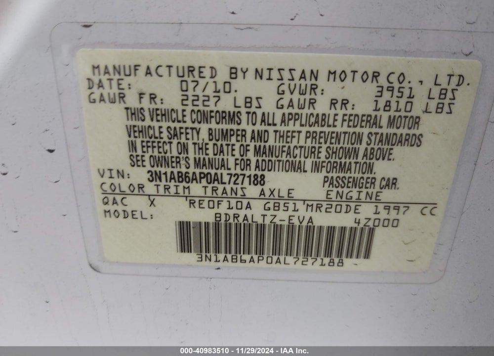 2010 NISSAN SENTRA 2.0SR VIN: 3N1AB6AP0AL727188