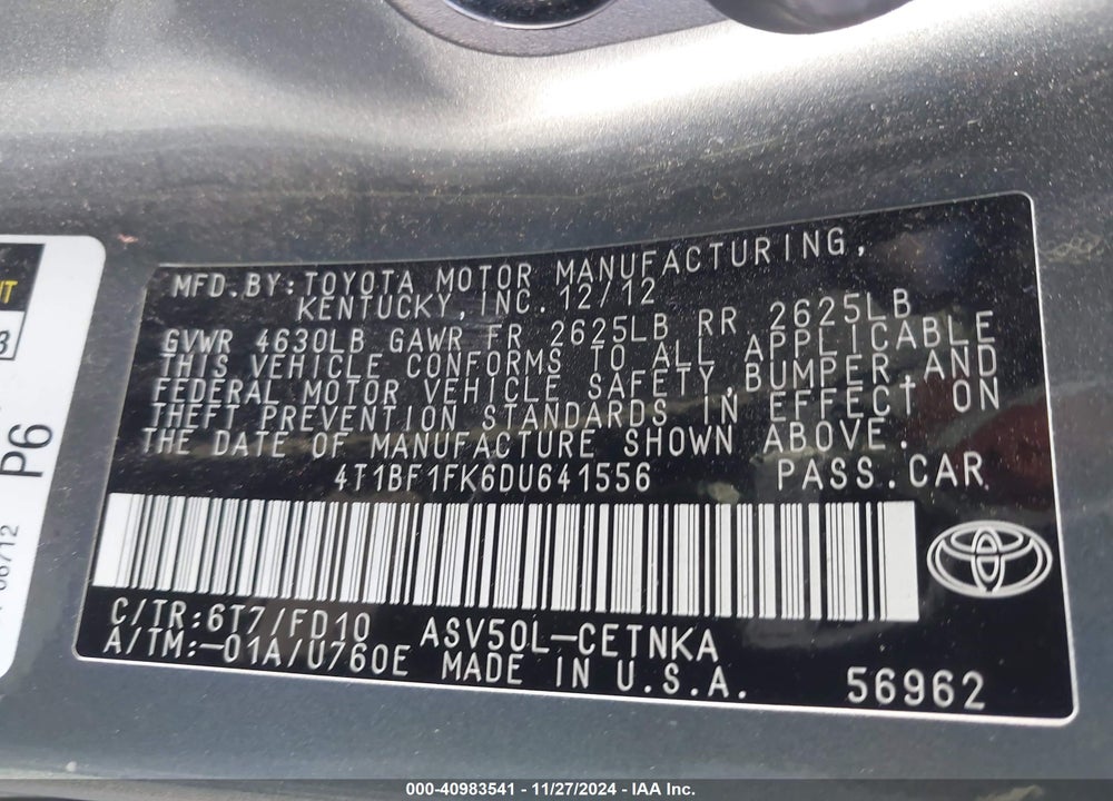 2013 TOYOTA CAMRY LE VIN: 4T1BF1FK6DU641556
