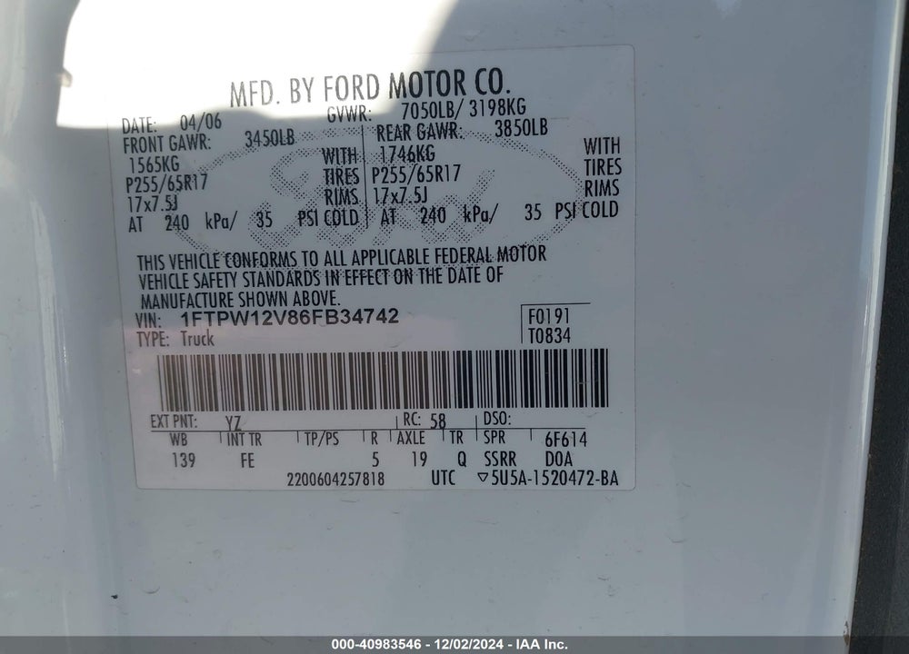 2006 FORD F-150 LARIAT/XLT VIN: 1FTPW12V86FB34742