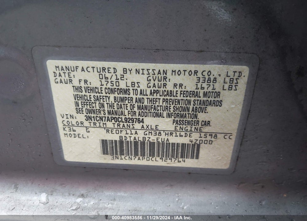 2012 NISSAN VERSA 1.6 SV VIN: 3N1CN7AP0CL929764