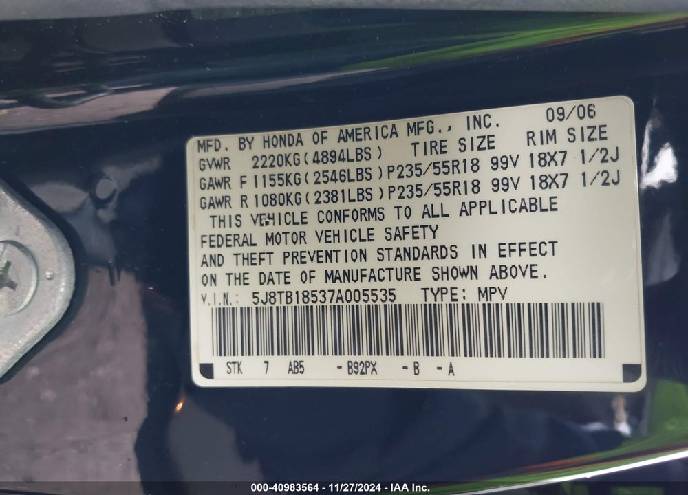 2007 ACURA RDX VIN: 5J8TB18537A005535