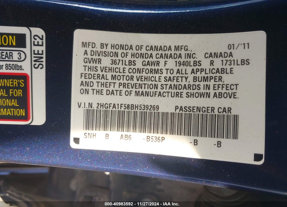 2011 HONDA CIVIC LX VIN: 2HGFA1F58BH539269