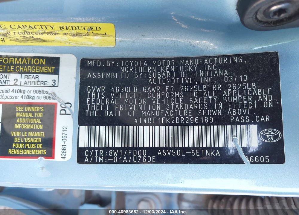 2013 TOYOTA CAMRY LE VIN: 4T4BF1FK2DR296189