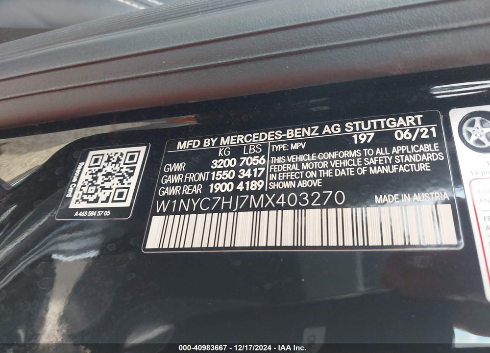 2021 MERCEDES-BENZ AMG G 63 4MATIC VIN: W1NYC7HJ7MX403270