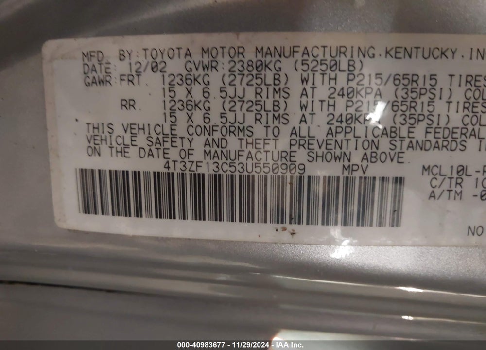 2003 TOYOTA SIENNA LE VIN: 4T3ZF13C53U550909