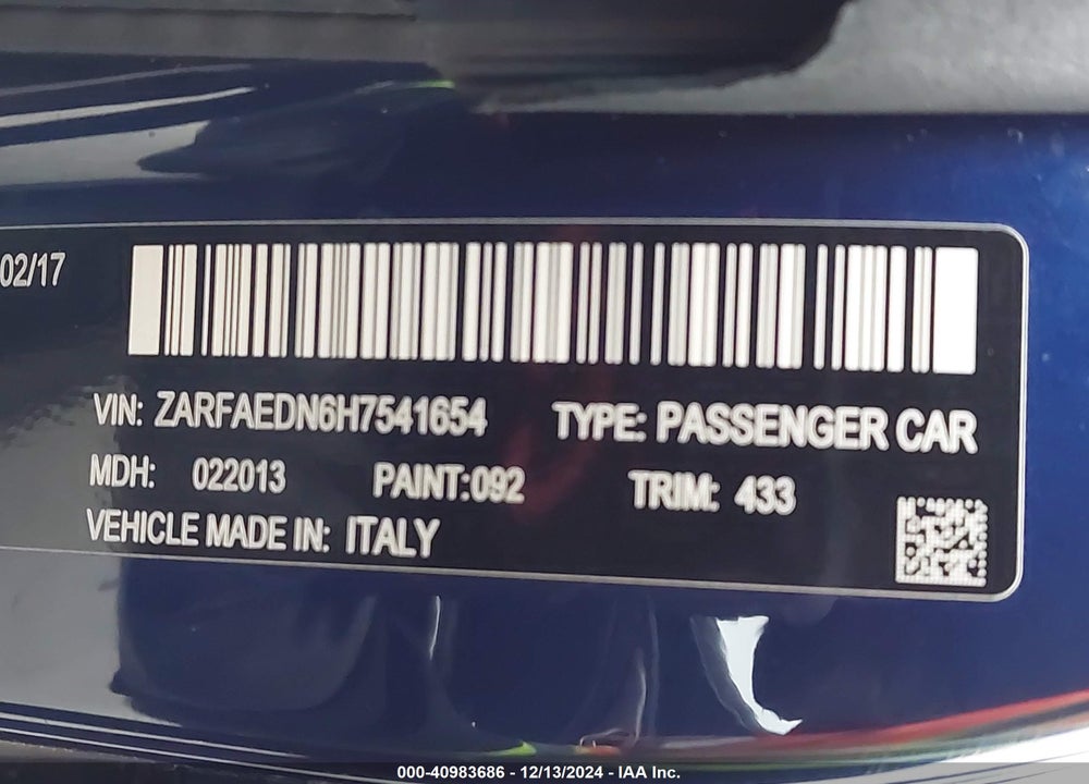 2017 ALFA ROMEO GIULIA AWD VIN: ZARFAEDN6H7541654