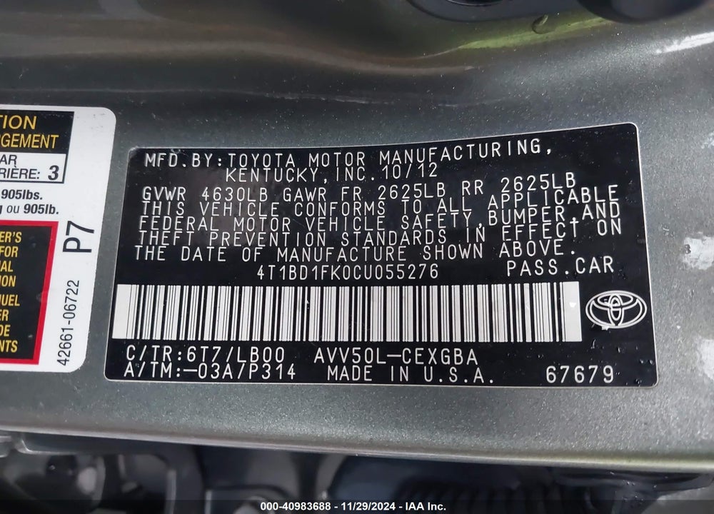 2012 TOYOTA CAMRY HYBRID XLE VIN: 4T1BD1FK0CU055276