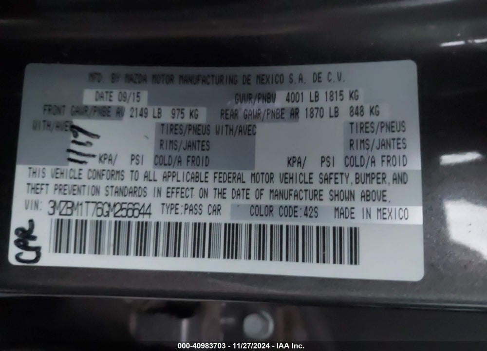 2016 MAZDA 3 VIN: 3MZBM1T76GM256644