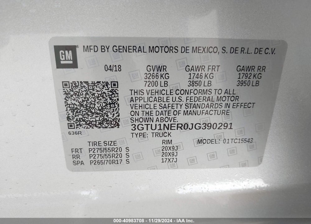 2018 GMC SIERRA 1500 VIN: 3GTU1NER0JG390291