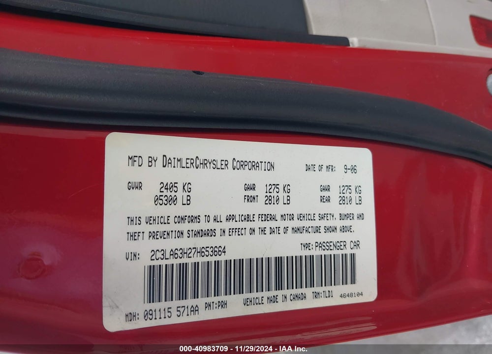 2007 CHRYSLER 300C VIN: 2C3LA63H27H653664