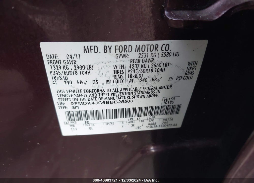 2011 FORD EDGE SEL VIN: 2FMDK4JC6BBB25500