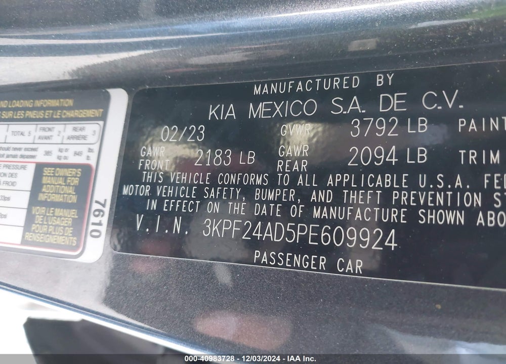 2023 KIA FORTE VIN: 3KPF24AD5PE609924