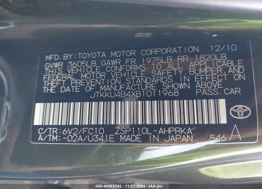 2011 SCION XD VIN: JTKKU4B4XB1011968